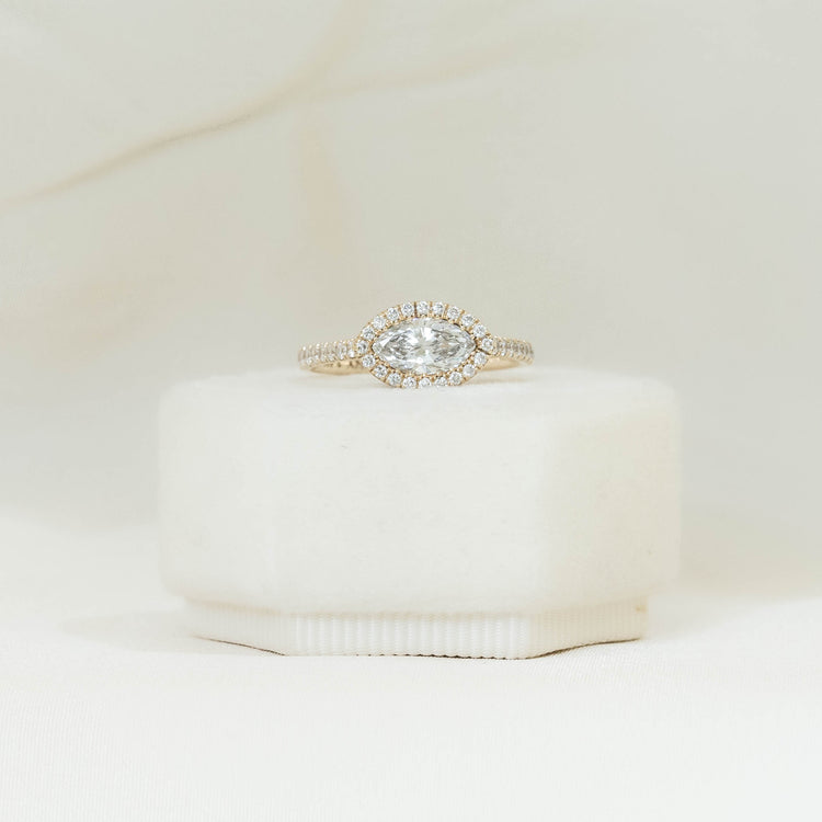 14ky .61ct East-West Marquise Halo Diamond Ring