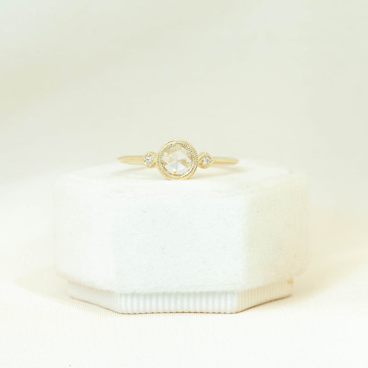14ky .35ct Rose-Cut 3-Stone Bezel Ring