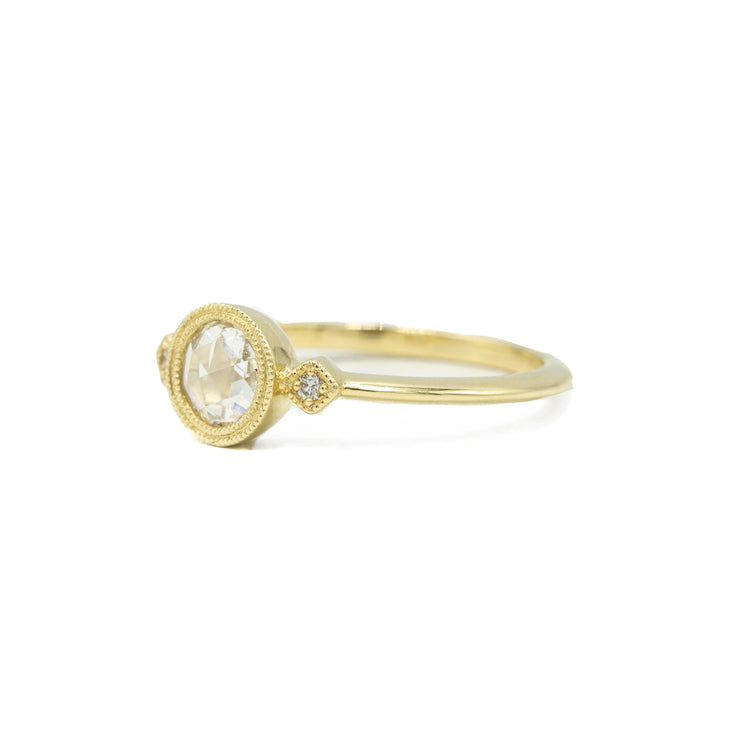 14ky .35ct Rose-Cut 3-Stone Bezel Ring