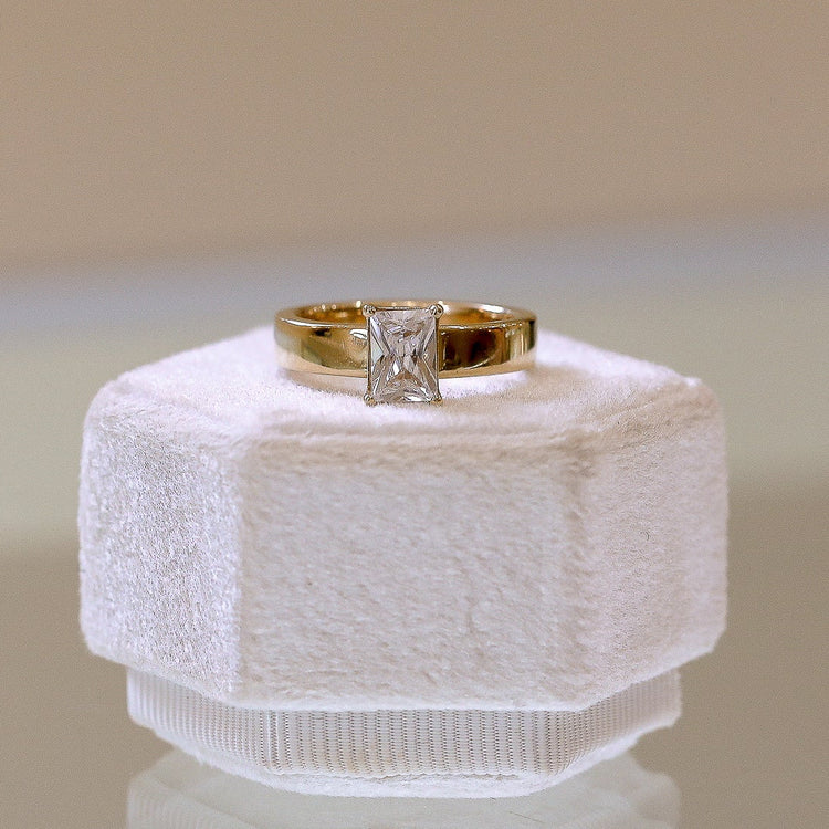 14ky Emerald-Cut 4mm Flat Band Solitaire Diamond Ring