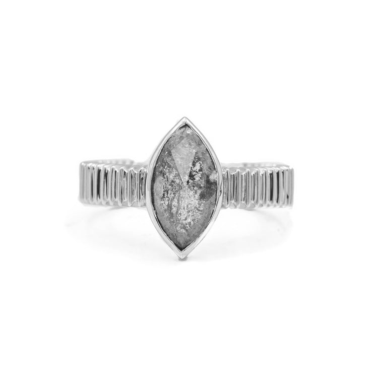 14kw 1.58ct Marquise Salt & Pepper Bezel Wide Ribbed Solitaire Diamond Ring