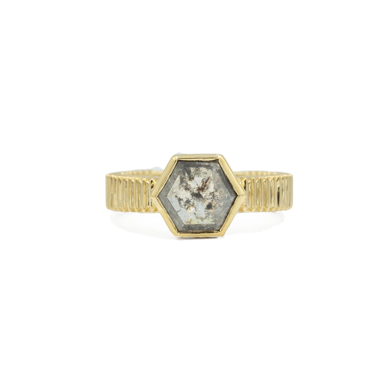 14ky 1.71ct Hexagon Salt & Pepper Bezel Wide Ribbed Solitaire Diamond Ring