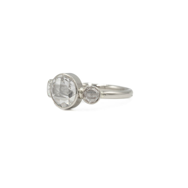 14kw 1.72ct Lab Round Rose-cut .29ctw Bezel 3-Stone Diamond Ring