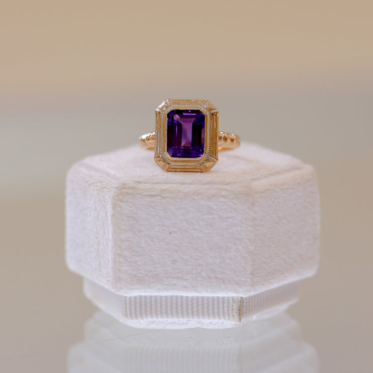 10k Vintage Rose Gold Synthetic Amethyst Fancy Bezel Ring