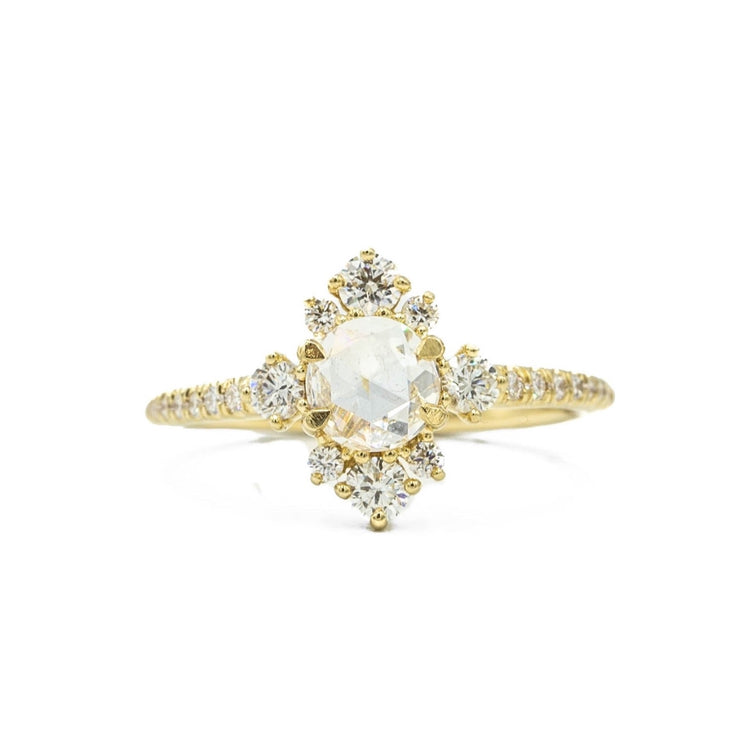 14ky .47ct Rose-Cut Diamond Fleur De Lis Halo Ring