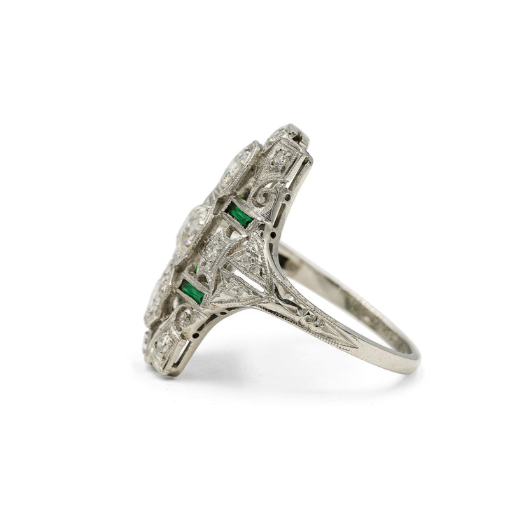 Platinum .65ct Vintage Diamond & .15ctw Emerald Shield Ring