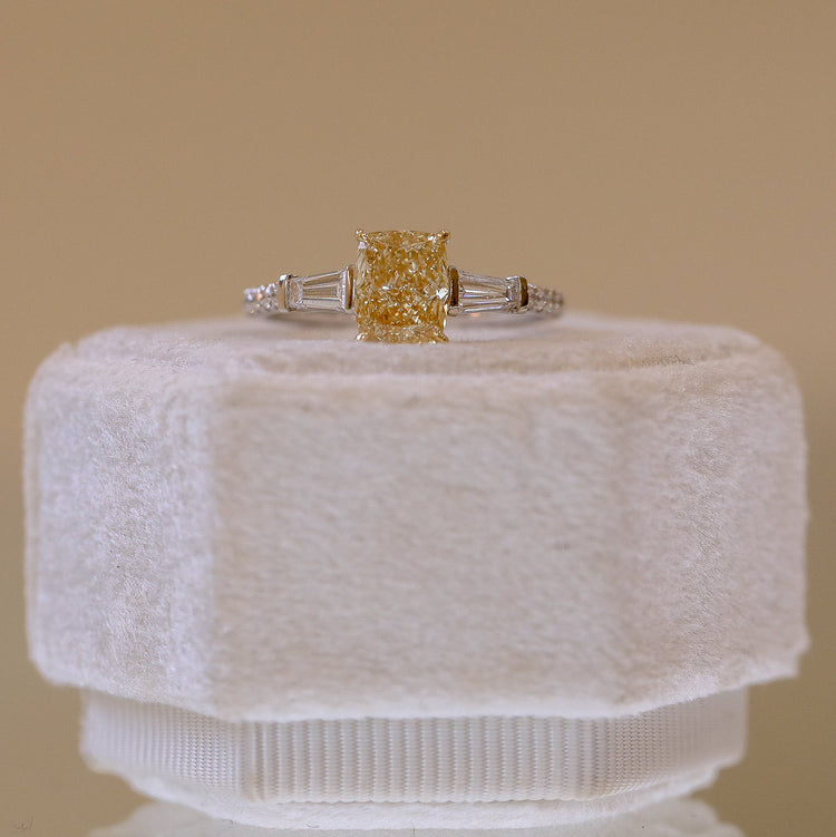 Platinum 1.53 Lab Cushion Fancy Yellow & Baguette Diamond Ring