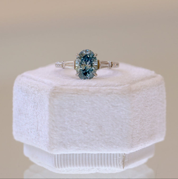 Platinum 2.02ct Oval Lab Fancy Vivid Blue & Baguette Diamond Ring