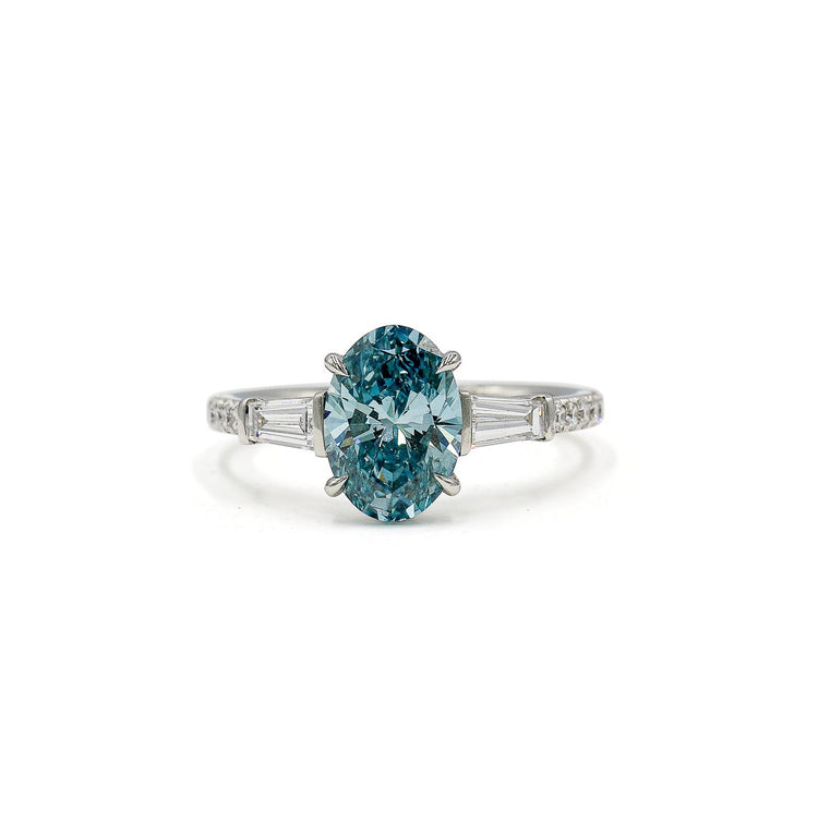 Platinum 2.02ct Oval Lab Fancy Vivid Blue & Baguette Diamond Ring