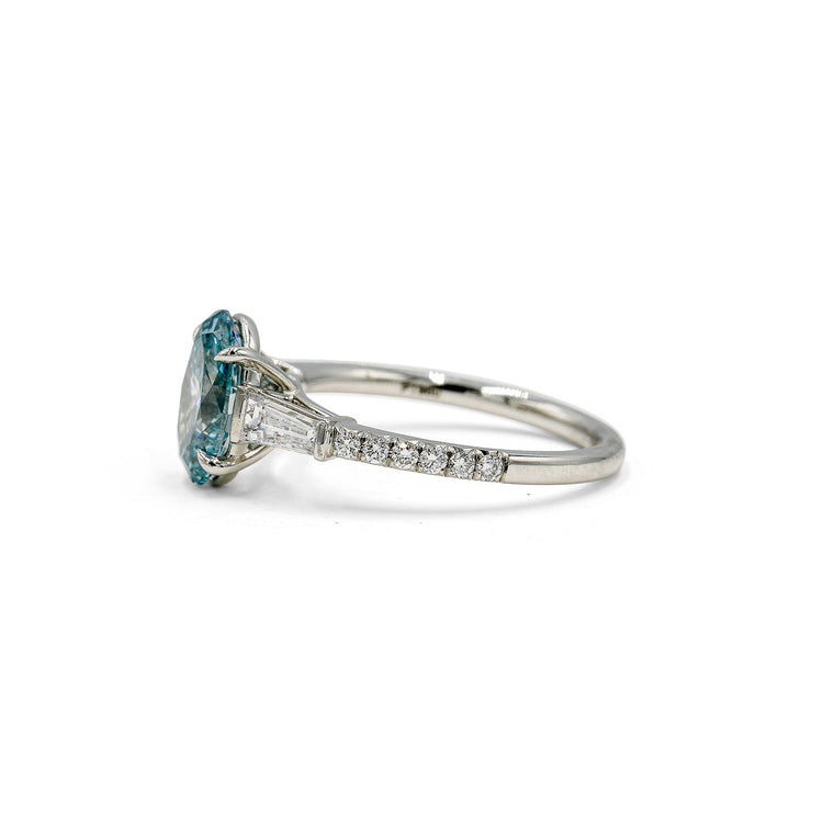 Platinum 2.02ct Oval Lab Fancy Vivid Blue & Baguette Diamond Ring
