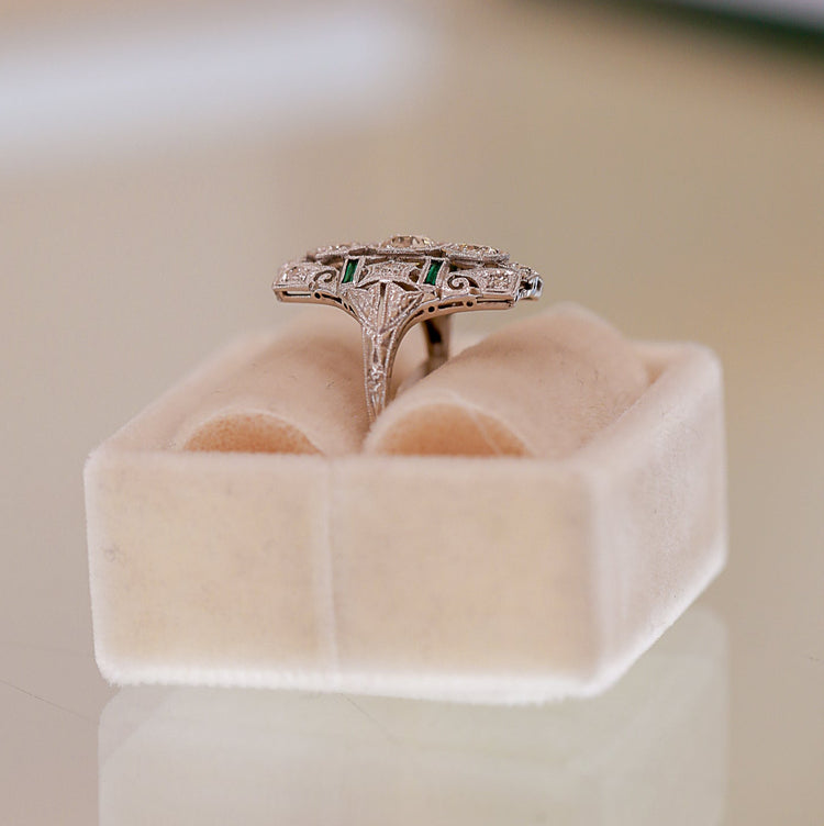 Platinum .65ct Vintage Diamond & .15ctw Emerald Shield Ring