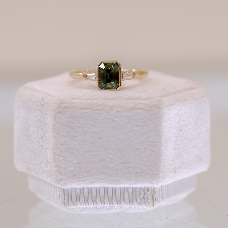 14ky 1.22ct Teal Sapphire with Natural Baguette Three-Stone Diamond Ring