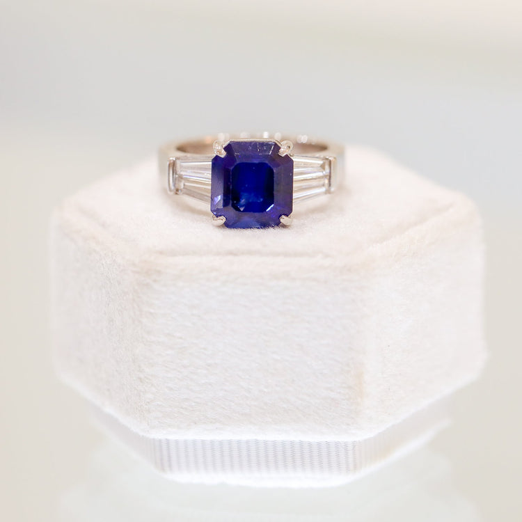 Platinum 5.55ct Vintage Emerald-Cut Sapphire 1ctw Tapered Baguette Ring
