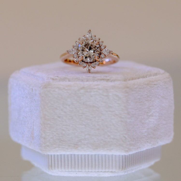 14kr 1.24ct Round Salt & Pepper .25ctw Halo Cathedral Ring