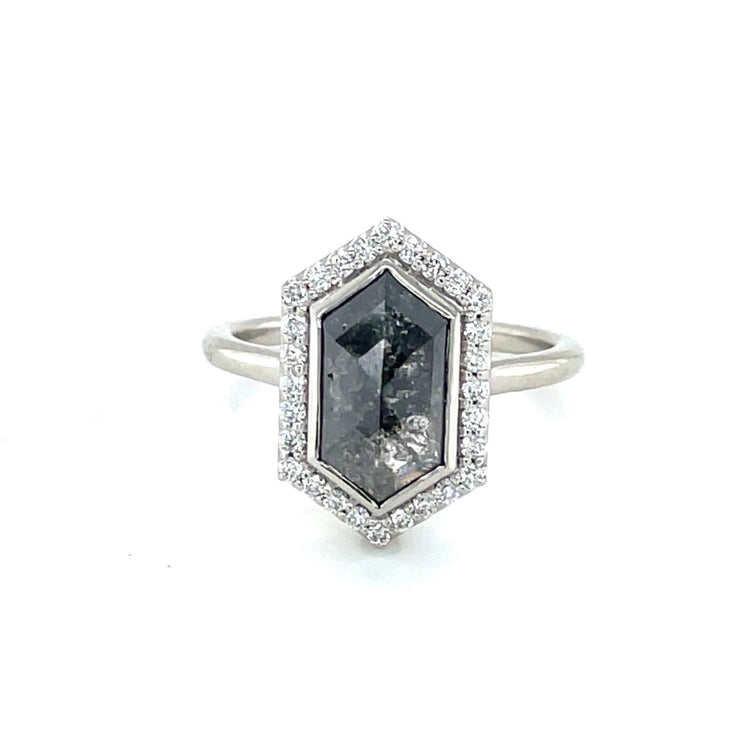 2.37ct Elongated Hex Salt & Pepper Halo Diamond Ring