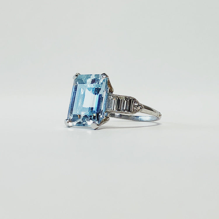 Vintage Platinum 4.89ct Aquamarine and Diamond Deco Ring