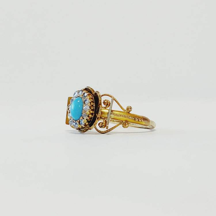 Vintage 14k Yellow Gold Turquise and Rose Cut Diamond Ring