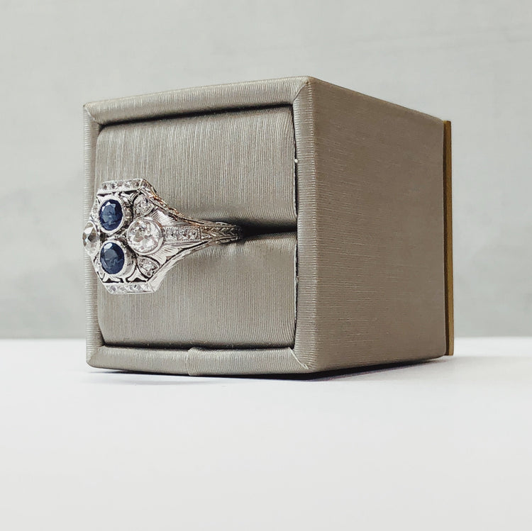 Platinum Vintage Diamond + Sapphire Ring