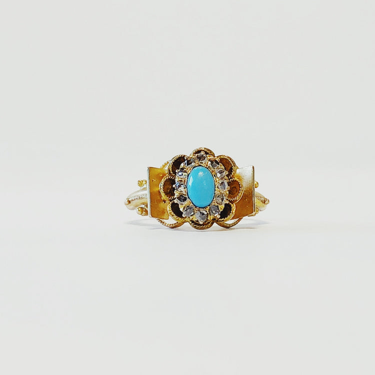 Vintage 14k Yellow Gold Turquise and Rose Cut Diamond Ring