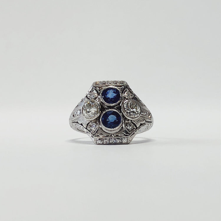 Platinum Vintage Diamond + Sapphire Ring