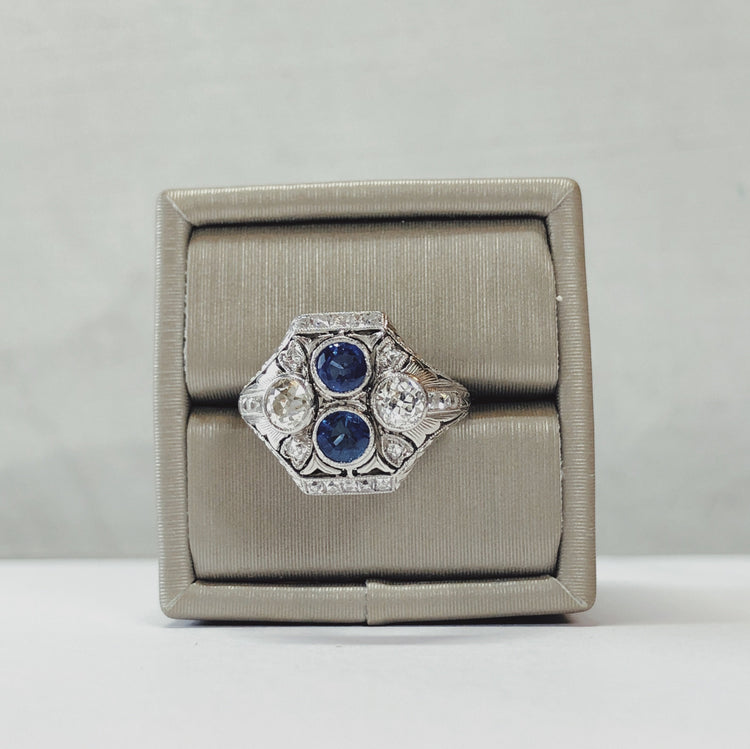 Platinum Vintage Diamond + Sapphire Ring
