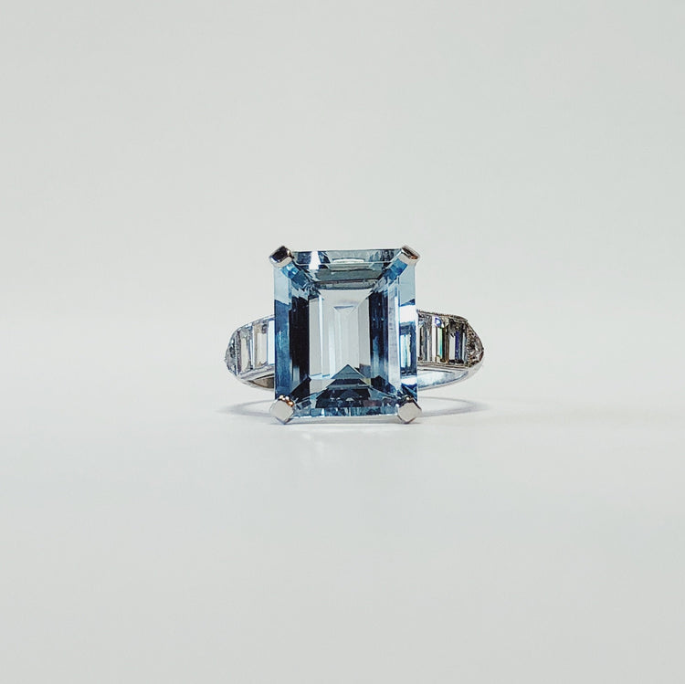 Vintage Platinum 4.89ct Aquamarine and Diamond Deco Ring
