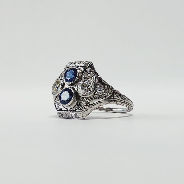Platinum Vintage Diamond + Sapphire Ring