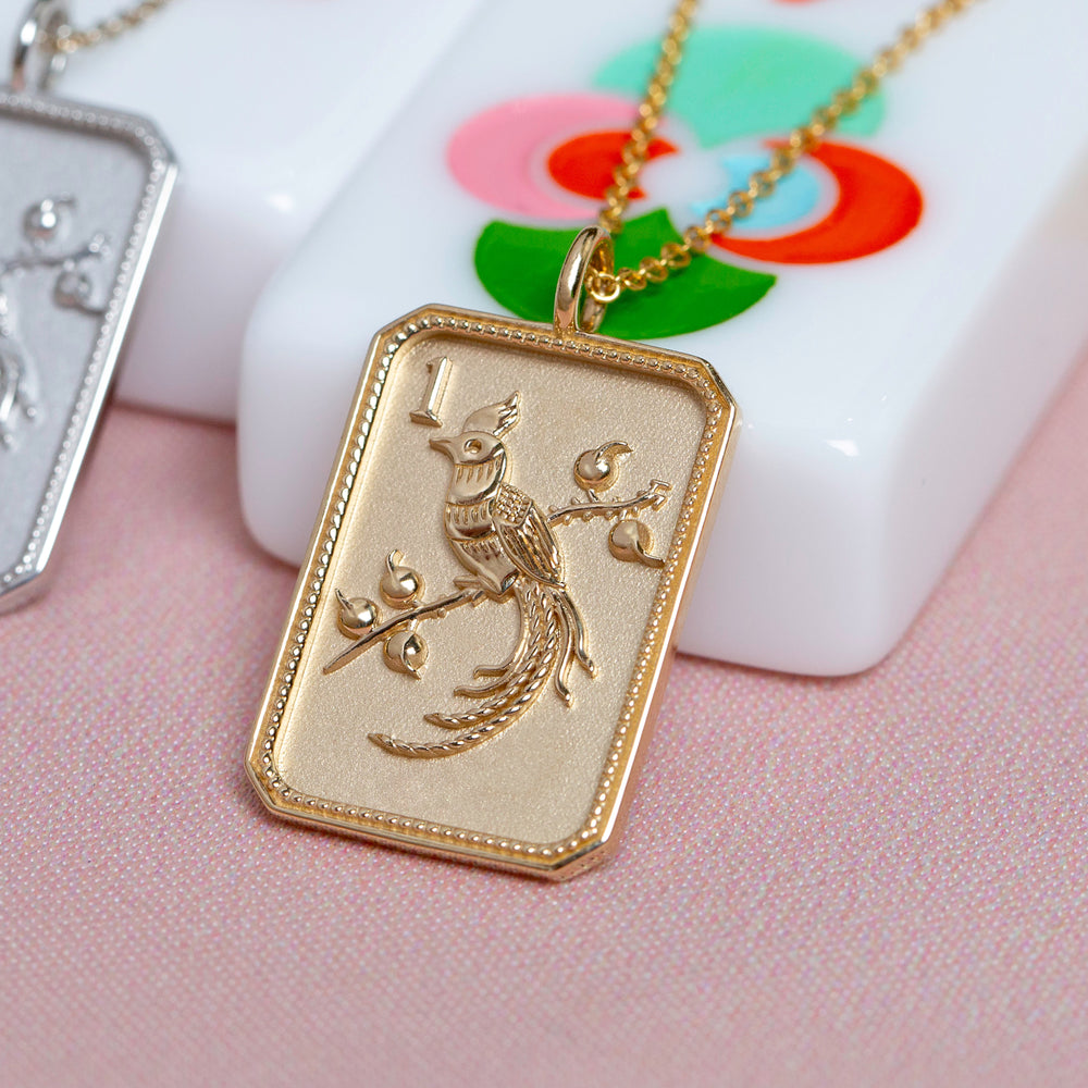 14ky Mahjong 1 Bam Bird Pendant Necklace