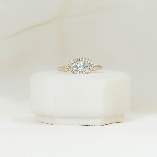 14ky .61ct East-West Marquise Halo Diamond Ring
