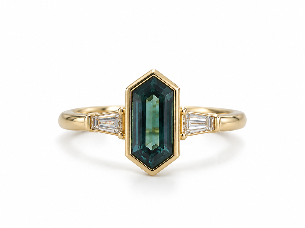 14ky 1.69ct Elongated Hexagon Teal Sapphire Bezel with .16ctw Lab Grown Tapered Baguette Ring