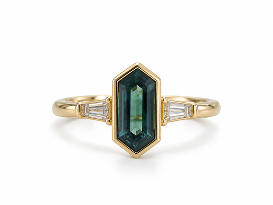 14ky 1.69ct Elongated Hexagon Teal Sapphire Bezel with .16ctw Lab Grown Tapered Baguette Ring