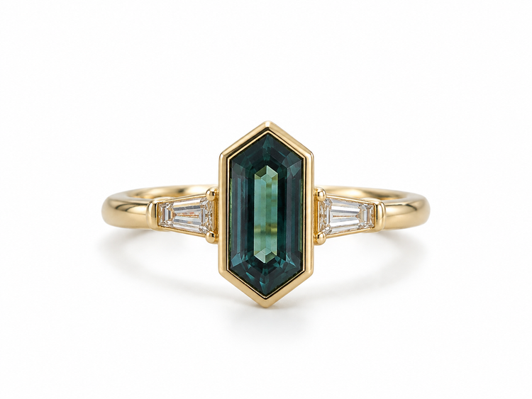 14ky 1.69ct Elongated Hexagon Teal Sapphire Bezel with .16ctw Lab Grown Tapered Baguette Ring