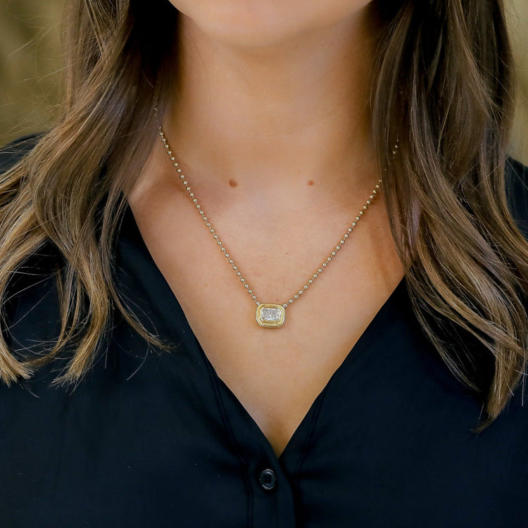14ky 2ct Radiant Lab Grown East-West Puffy Bezel Necklace with Ball Chain