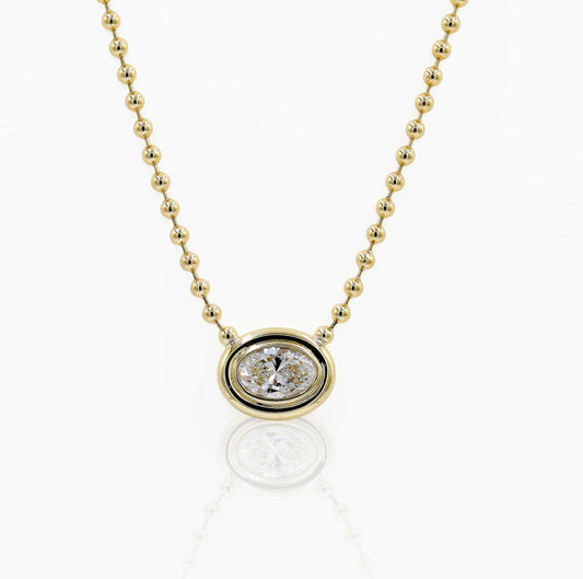 14ky 2ct Oval Lab Grown East-West Puffy Bezel Necklace with Ball Chain