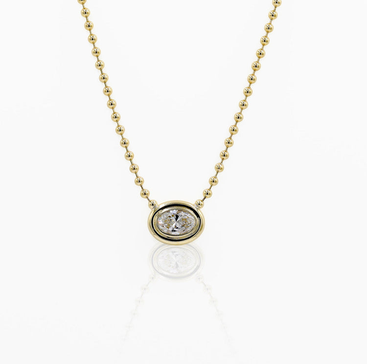 14ky 2ct Oval Lab Grown East-West Puffy Bezel Necklace with Ball Chain