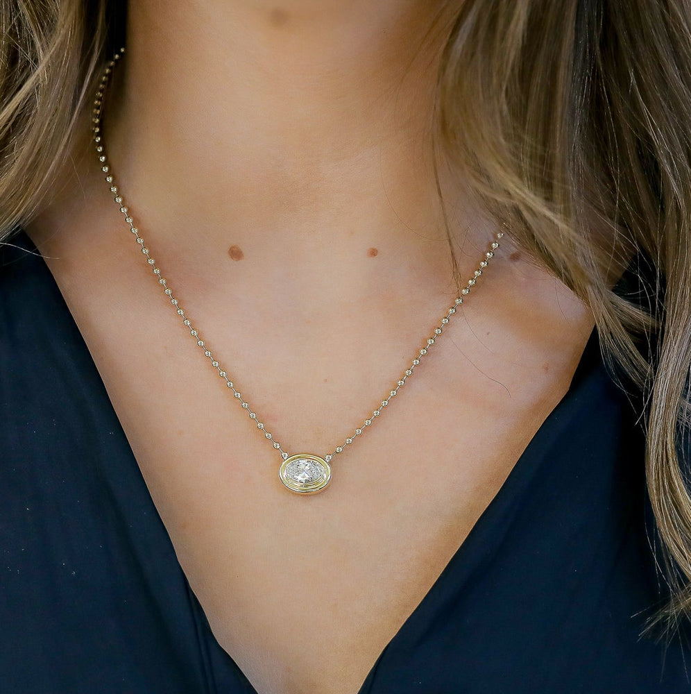 14ky 2ct Oval Lab Grown East-West Puffy Bezel Necklace with Ball Chain