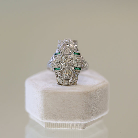 Platinum Vintage .65ct Diamond & Emerald Shield Ring
