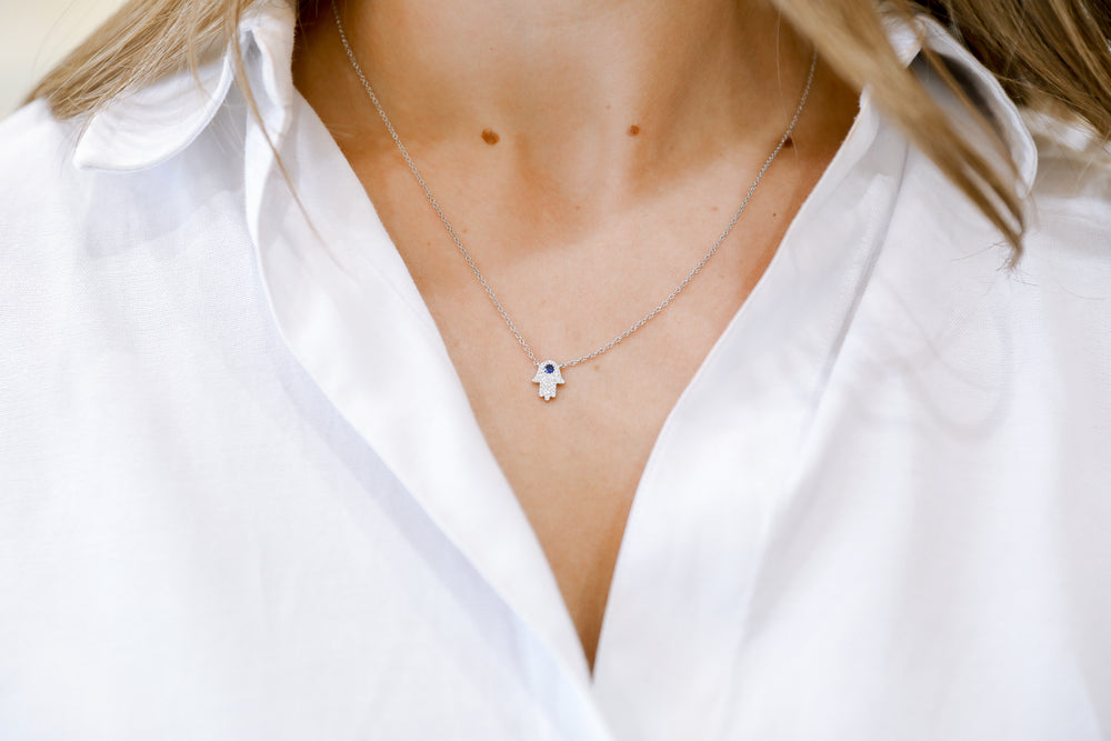 14kw .17ctw Diamond & Sapphire Hamsa Necklace