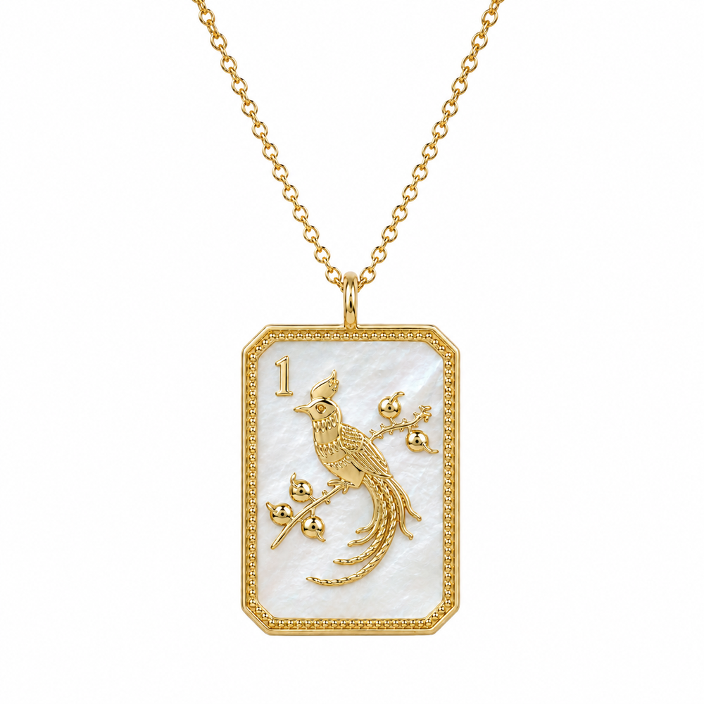 14ky & Mother of Pearl Mahjong 1 Bam Bird Charm Necklace