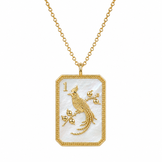 14ky & Mother of Pearl Mahjong 1 Bam Bird Charm Necklace