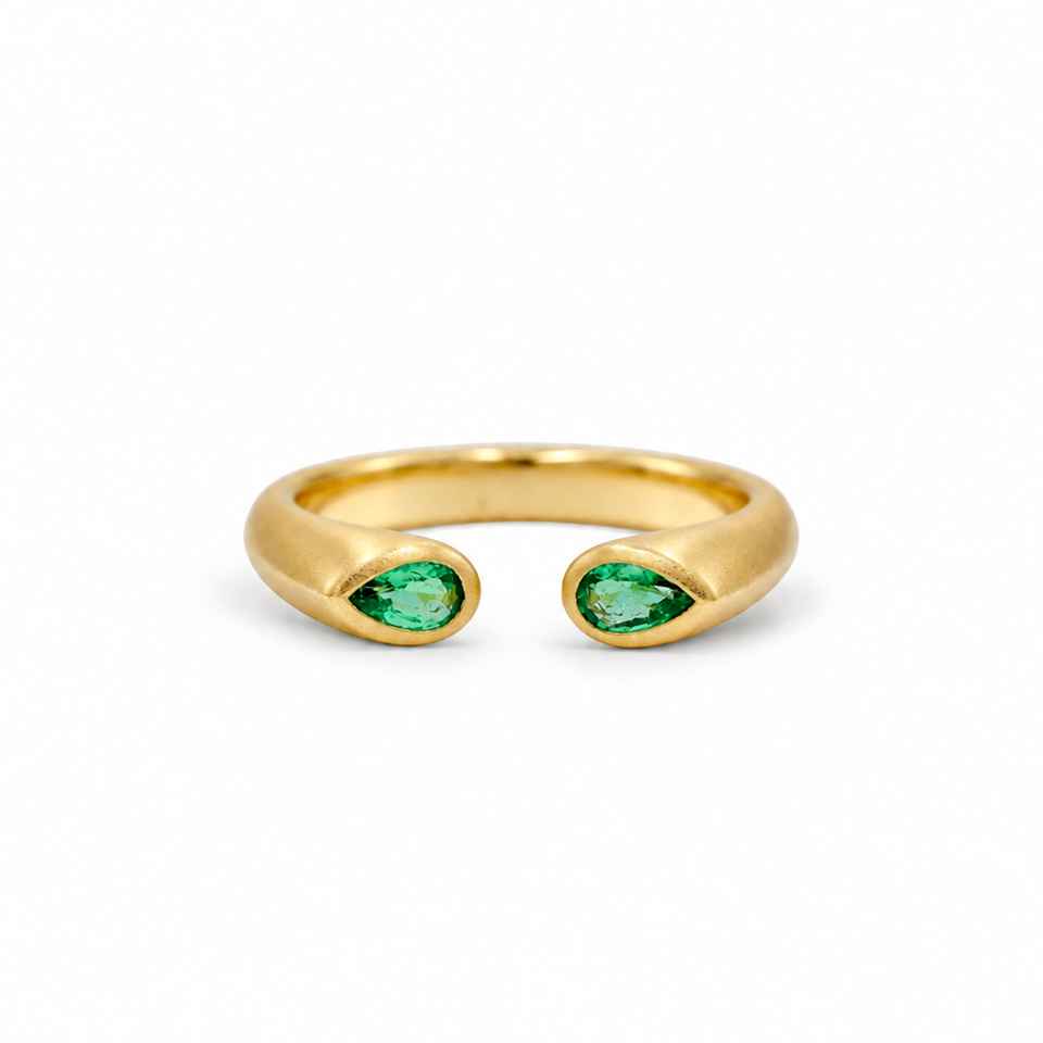 18ky .40ctw Pear Emerald 2-Stone Bezel Cuff Ring