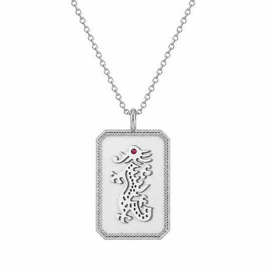 Sterling Silver Mahjong Dragon Charm Necklace With Ruby Gemstone