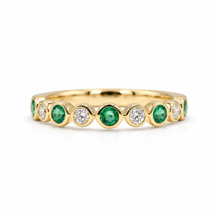 14ky .16ctw Diamond & .32ct Emerald Alternating Bezel Band