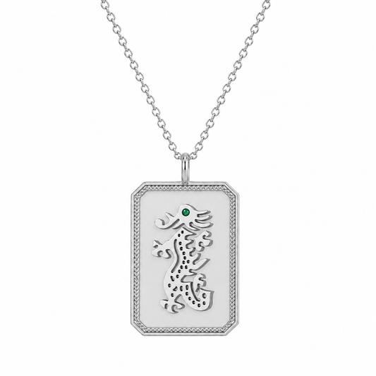 Sterling Silver Mahjong Dragon Necklace with Emerald Gemstone