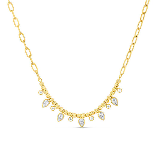 18ky .51ctw Pear and Round Diamond Drop Beaded Oval Link Necklace