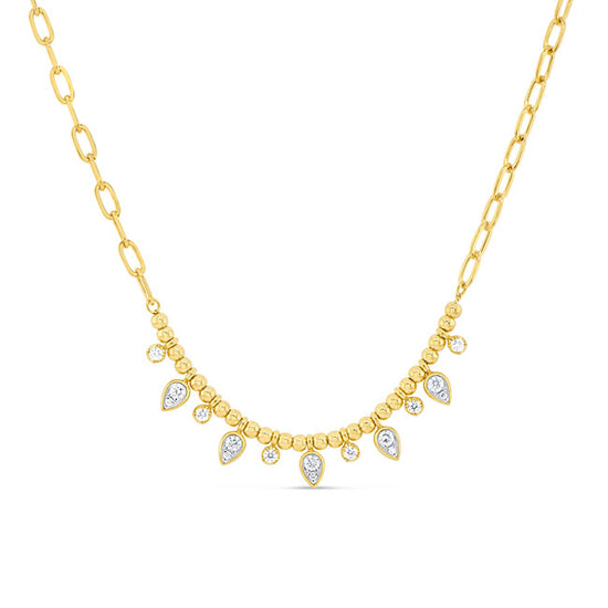 18ky .51ctw Pear and Round Diamond Drop Beaded Oval Link Necklace