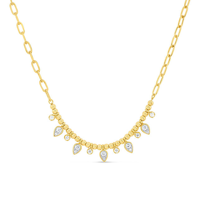 18ky .51ctw Pear and Round Diamond Drop Beaded Oval Link Necklace