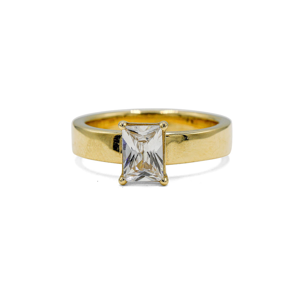 14ky Emerald-Cut 4mm Flat Band Solitaire Diamond Ring