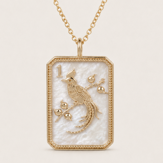 14ky & Mother of Pearl Mahjong 1 Bam Bird Charm Necklace