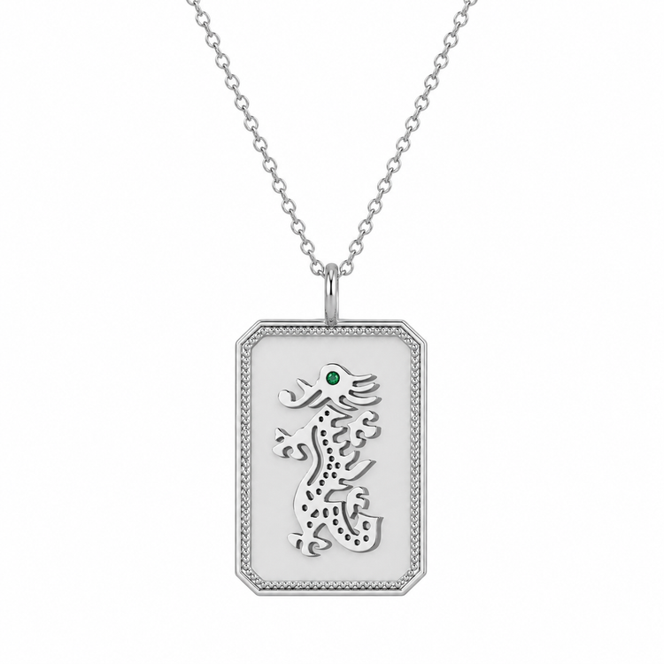 Sterling Silver Mahjong Dragon Necklace With Emerald Gemstone